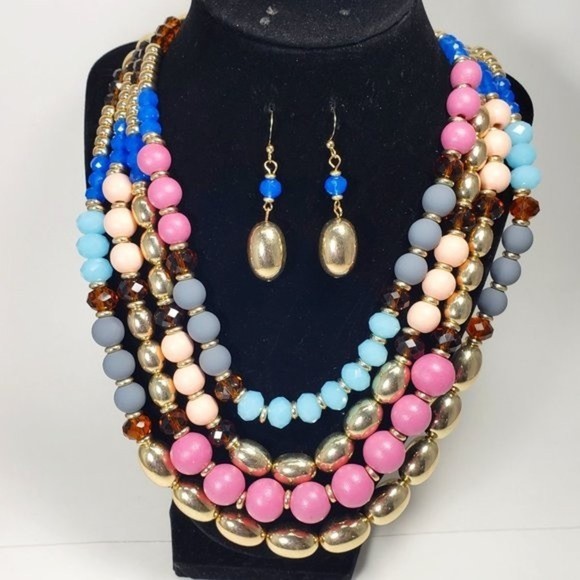 Multicolor Layered Beaded Necklace & Gold Drop Earrings – Statement Fashion Set - Picture 2 of 14